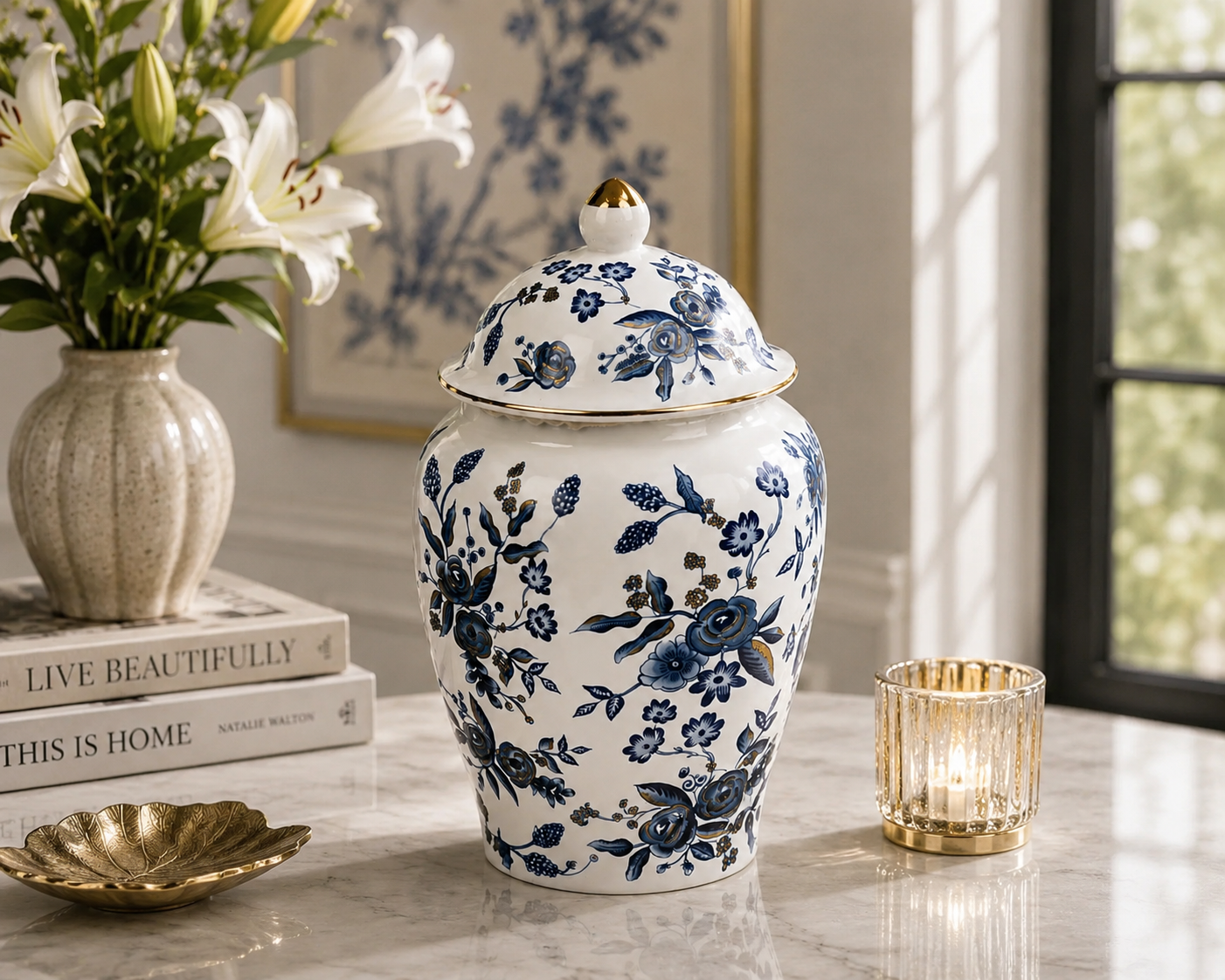 Royal Sapphire Floral Ginger Jar Front View