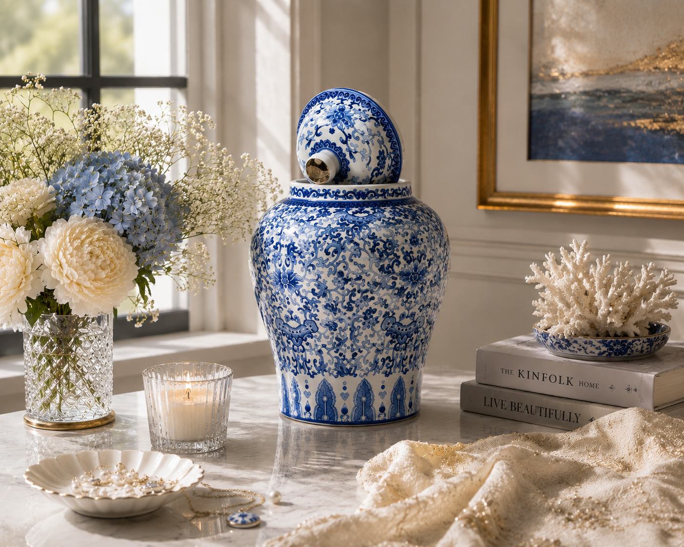 Azure Blossom Ceramic Ginger Jar Side View