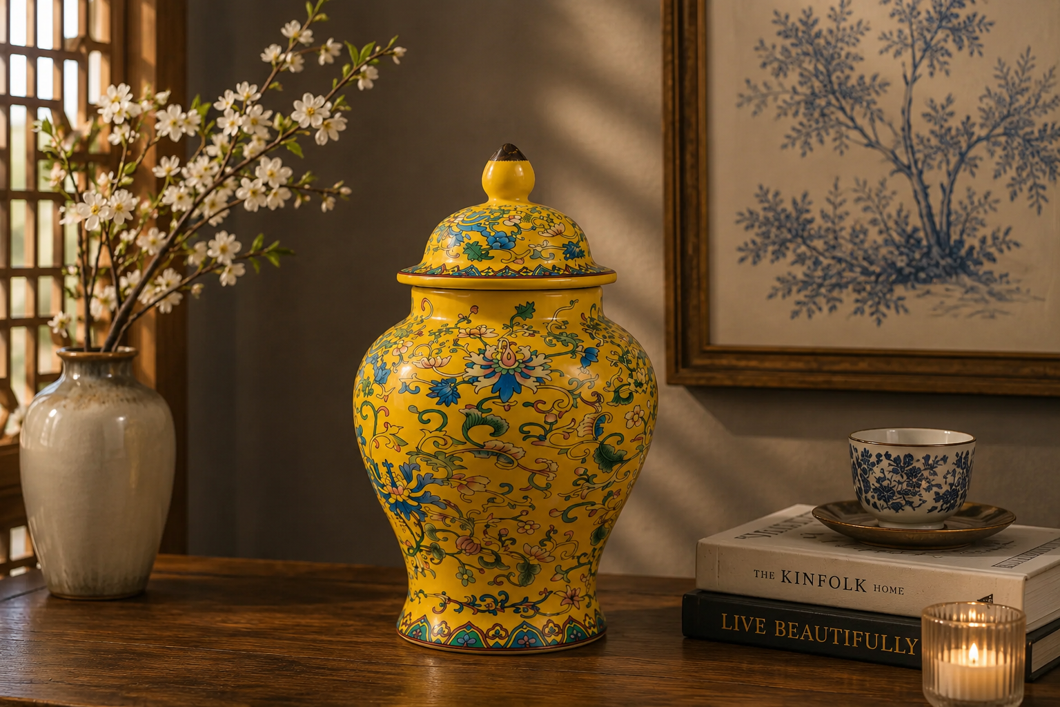 Yellow Floral Ginger Jar Luxury Ceramic Decorative Vase