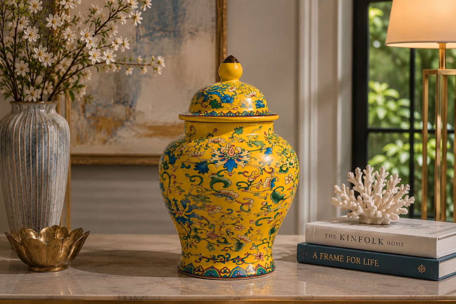 Premium Yellow Floral Ginger Jar Decorative Home Accent