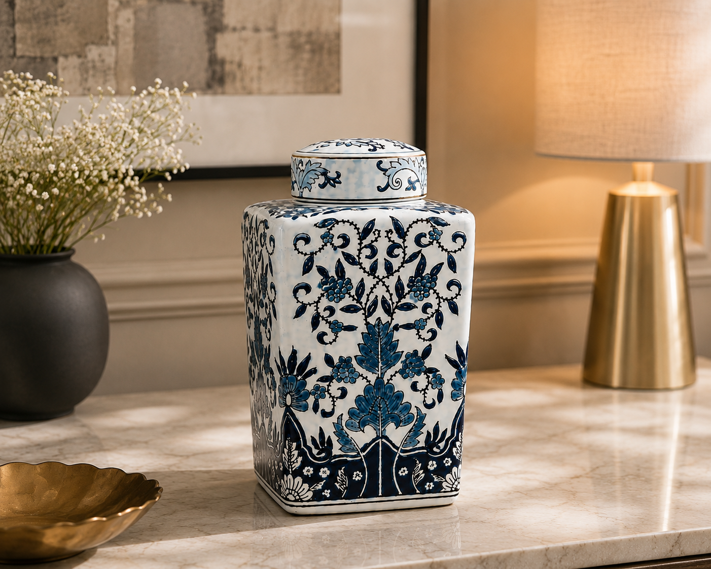 Square Blue Porcelain Jar Front View