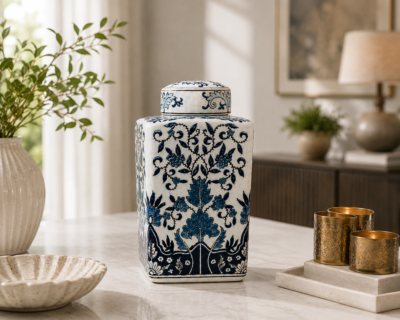 Square Blue Porcelain Jar Lifestyle View
