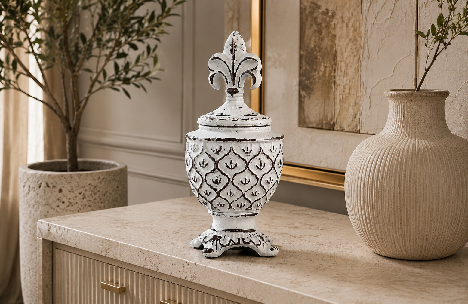 Vintage Ivory Embossed Decorative Urn