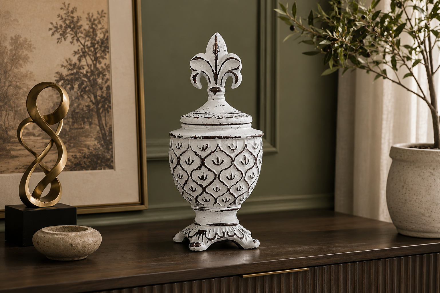 Vintage Ivory Embossed Decorative Urn Lifestyle View