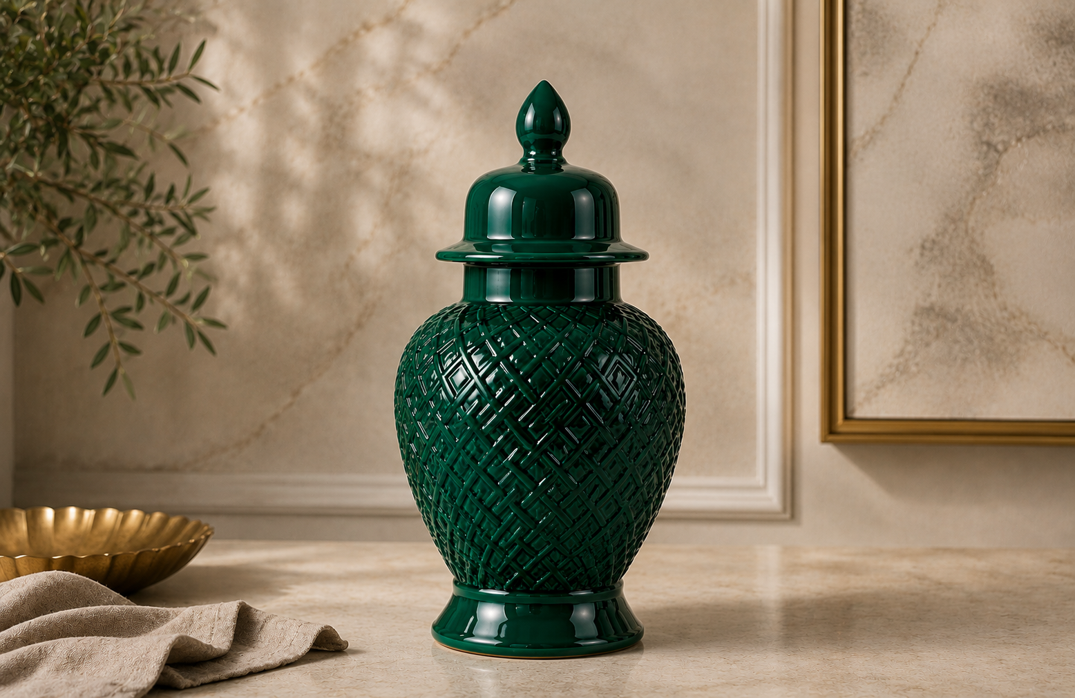 Emerald Green Textured Ceramic Jar Lifestyle View