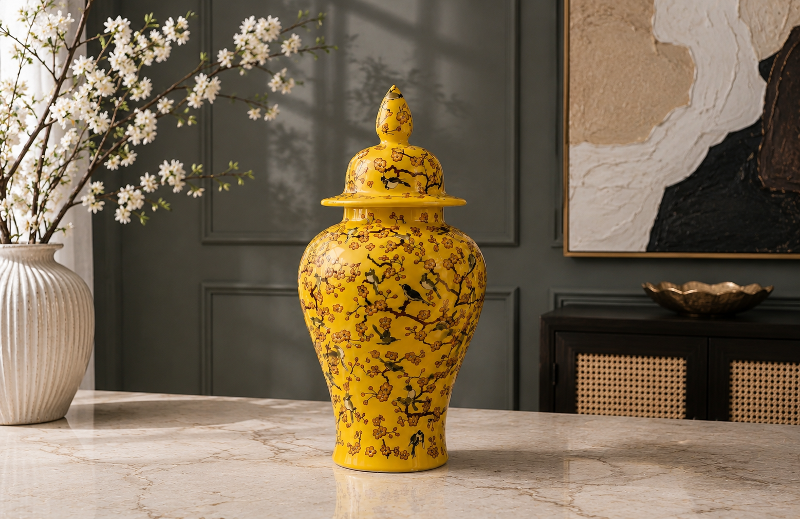 Golden Bloom Floral Decorative Jar Lifestyle View