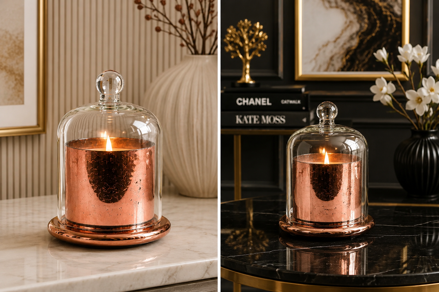 Rose Gold Glass Dome Candle Holder Lifestyle View