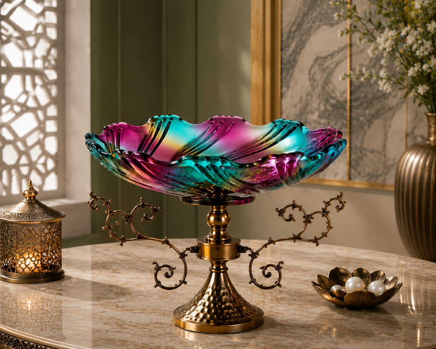 Iridescent Glass Pedestal Bowl Lifestyle View