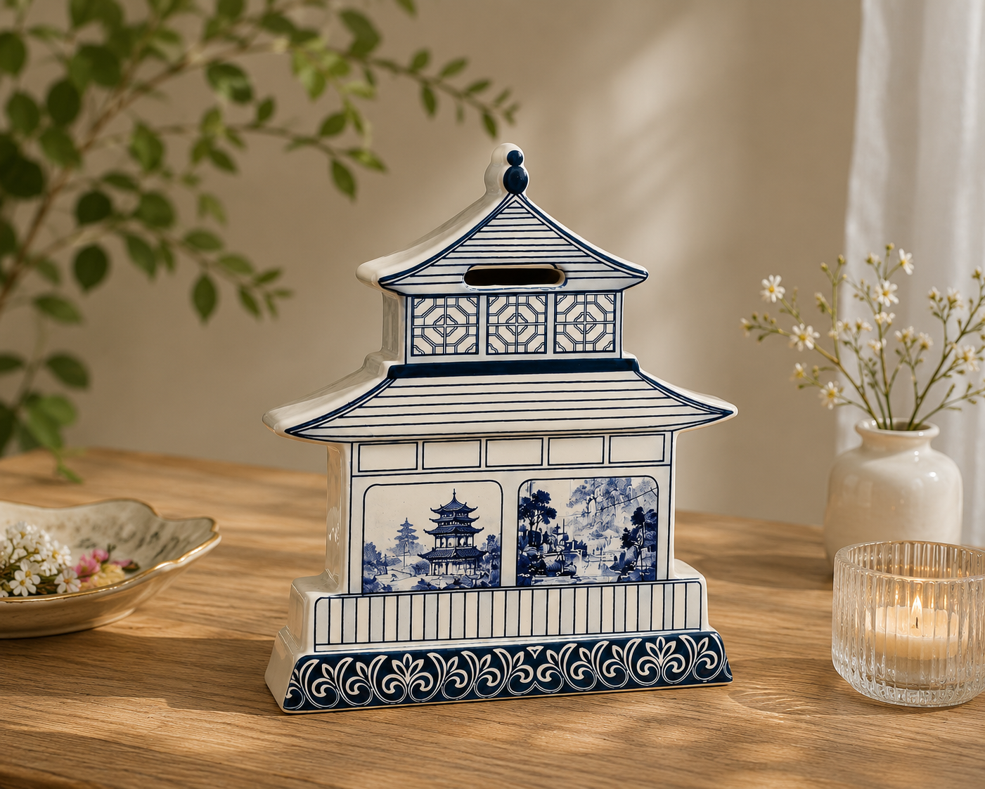 Blue & White Pagoda Coin Bank