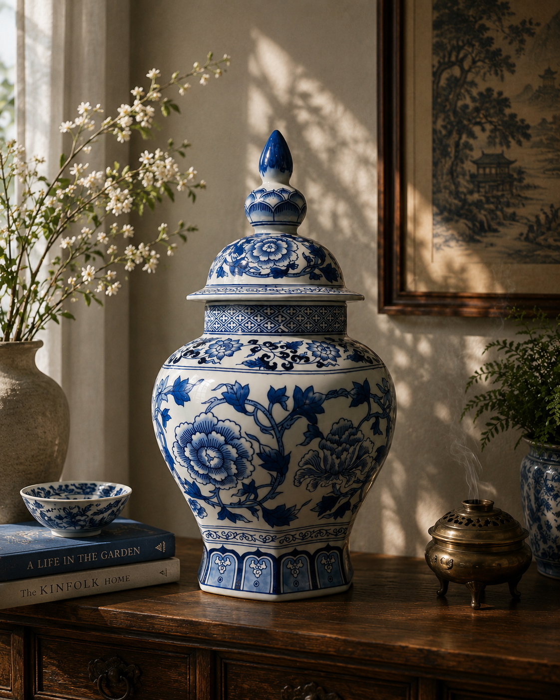 Blue Peony Pagoda Jar Lifestyle View