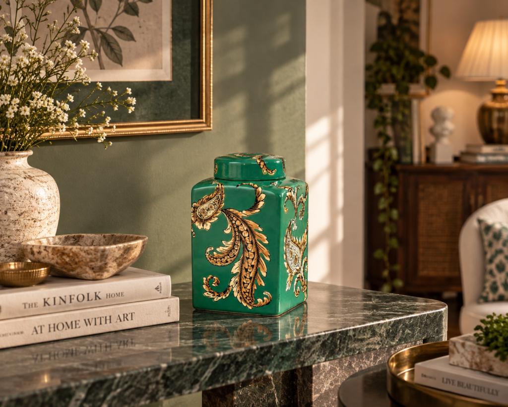 Emerald Paisley Decorative Jar Lifestyle View