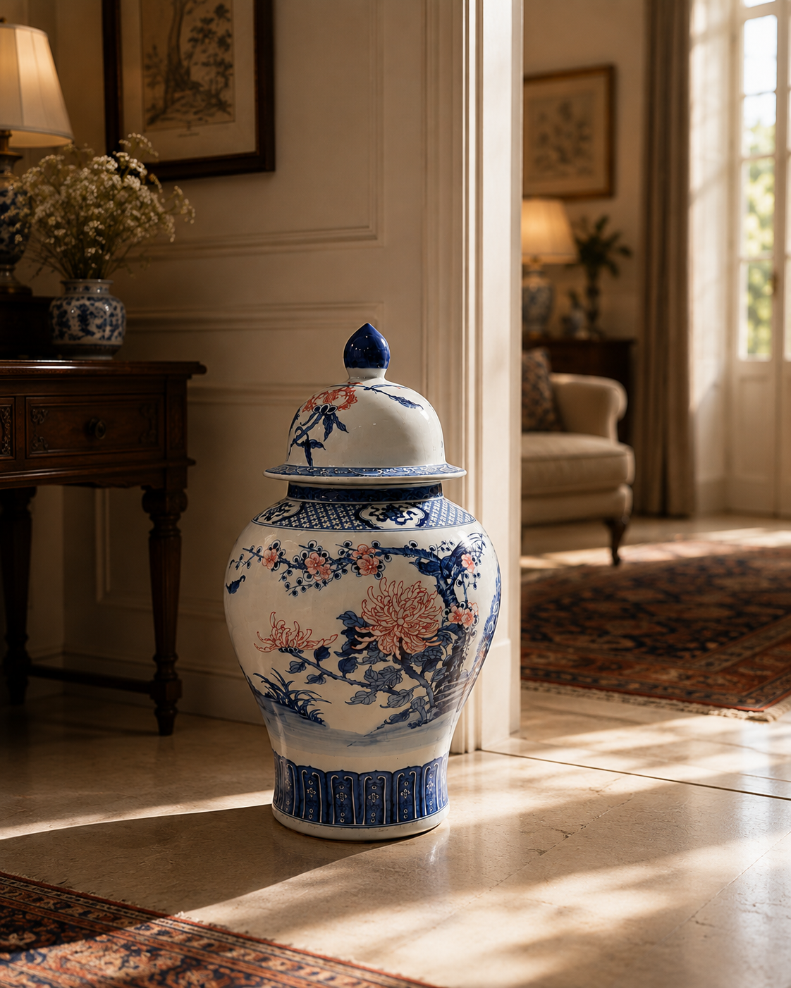 Crimson Blossom Chinoiserie Jar Lifestyle View